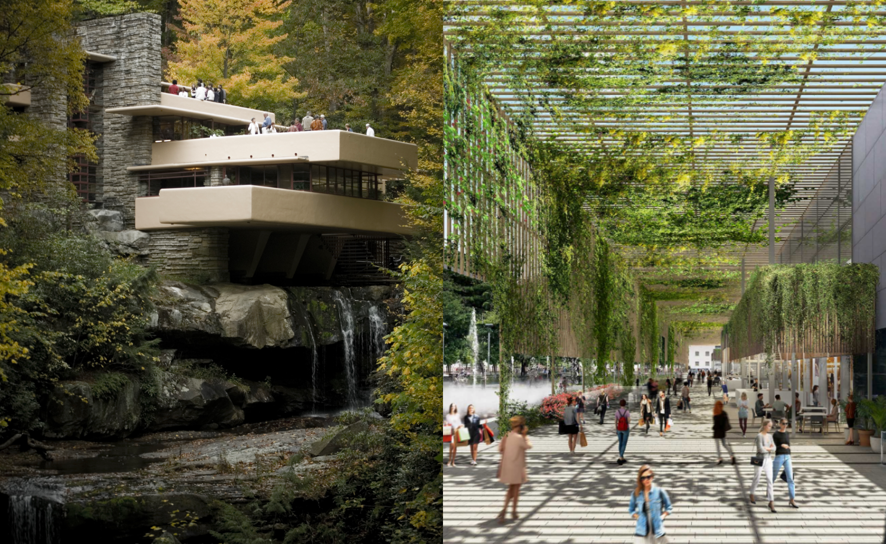 A la izquierda la “Casa de la Cascada”, obra maestra de Frank Lloyd Wright la cual sentó los precedentes de la arquitectura orgánica. A la derecha el nuevo proyecto de reforma del centro comercial L’Illa Diagonal en Barcelona.